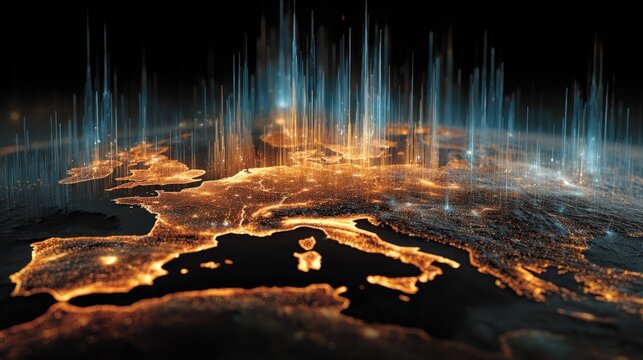 Glowing data visualization map of Europe showing digital connectivity and telecommunications network at night.