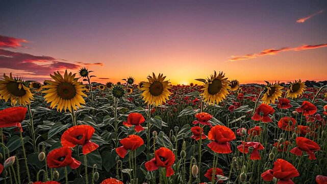 Hello spring with blooming floral poppies and sunflowers blossom at sunset