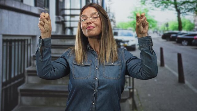 Woman showing both hands in v peace signs with visible fingers and glasses, standing by stone stairs at a street curb with parked cars; confidence symbol.