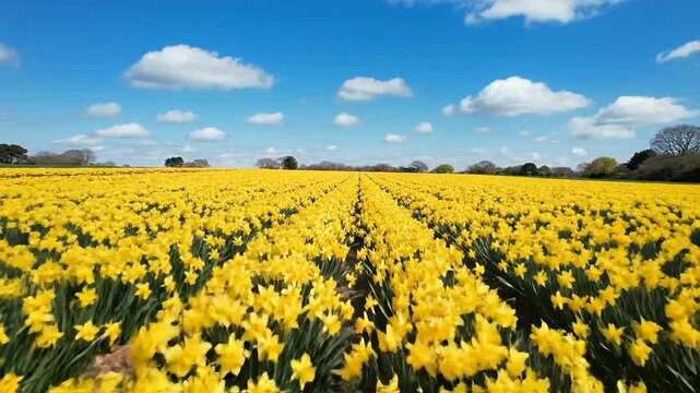 Hello spring with blooming floral blossom in a vibrant yellow field of flowers under a blue sky with white clouds