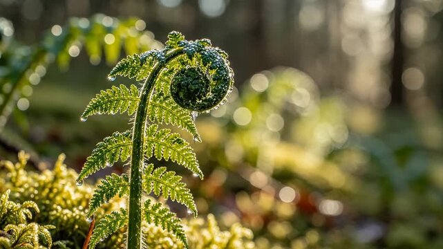 Blossoming hello to spring with a blooming floral fern in a lush forest landscape.