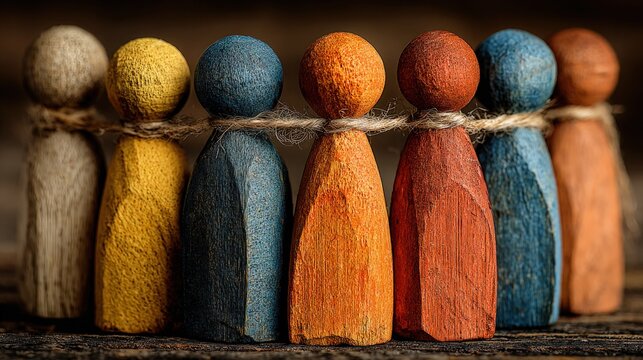 Group of colorful wooden figures connected by string illustrating teamwork and networking.
