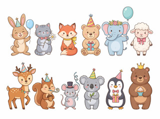 Fototapeta premium Cute cartoon animals celebrating a birthday party with balloons and party hats.