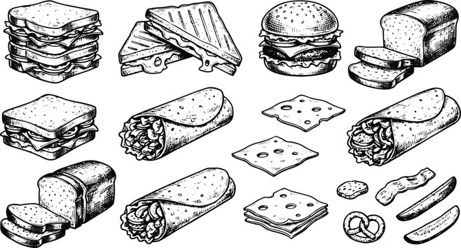 Vintage fast food sandwich wrap and bread engraving collection isolated vector illustration