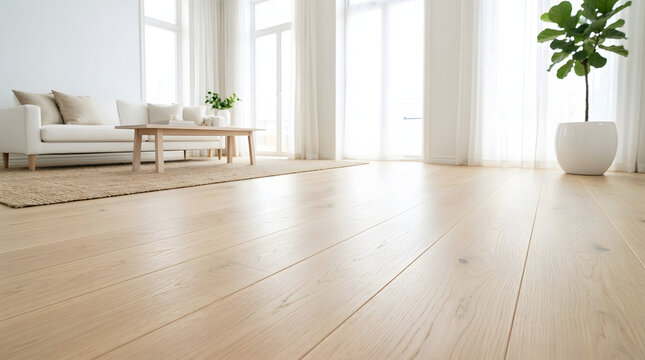 Scandinavian interior with light oak hardwood floor and bright minimalist living room