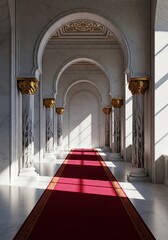 Fototapeta premium An opulent marble hallway features a lush red velvet runner, ornate golden pillars, and dramatic natural light streaming through high arches, rays, mansion, grand hall