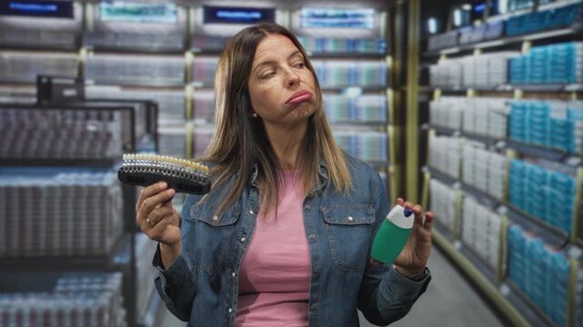 Woman holds toothpaste tube and shade guide in hand comparing whitening shades in a building; uncertainty choice.