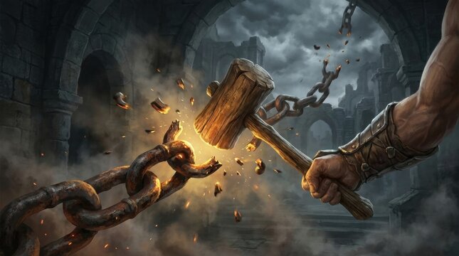 Breaking Chains: A powerful arm wields a massive wooden hammer, shattering thick, rusty chains in a dramatic act of liberation. The scene evokes a sense of raw power and defiance against oppression.