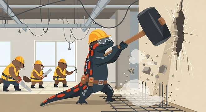 Cartoon salamander in hard hat swings a sledgehammer at a wall, while beavers do construction in the background