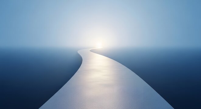 Curved White Path Leading Through Blue Mist Toward Bright Horizon