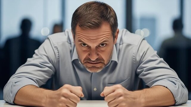 Angry middle aged Caucasian businessman leaning over desk with clenched fists in office, concept of workplace conflict, toxic management, professional stress and frustration