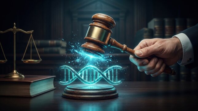 Justice and Genetics: A judge's gavel strikes down on a glowing DNA helix, symbolizing the intersection of law and genetic science.