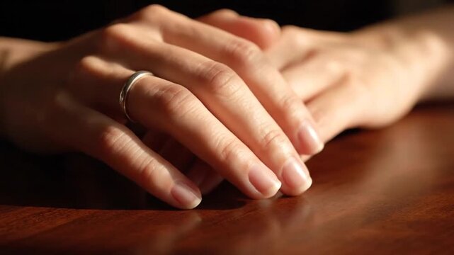 Woman's hands with silver ring resting on dark wooden surface