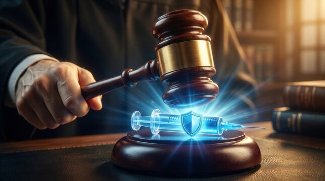 Legal Verdict on Vaccine Mandate: A judge's gavel strikes down, symbolizing a legal ruling or decision related to vaccine mandates, with a glowing syringe and shield emblem at its center.