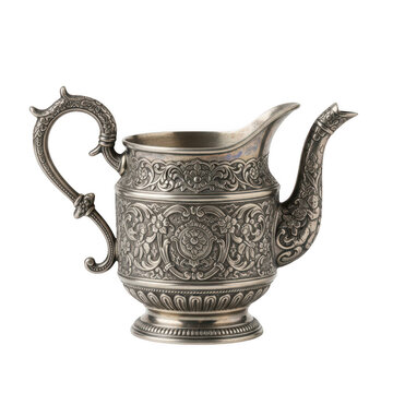 Antique silver sugar bowl with intricate design isolated on transparent background