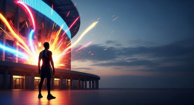 Warm golden hour light highlights a proud stance outside a grand athletic arena as blurred energy creates a vibrant celebratory backdrop, professional, match, victory
