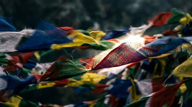 Colorful tibetan prayer flags fluttering in the wind