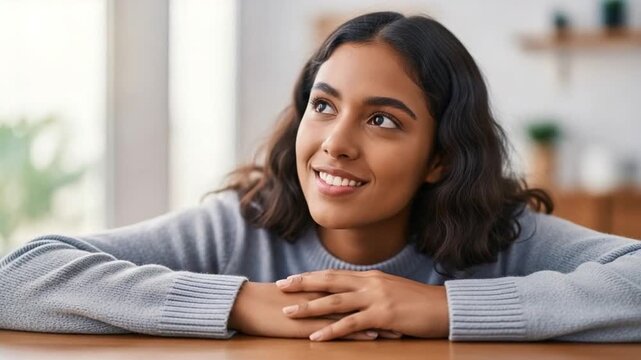 Young Hispanic woman with wavy hair smiling thoughtfully while resting chin on hands at home, representing positive mindset, mental wellness, and peaceful contemplation