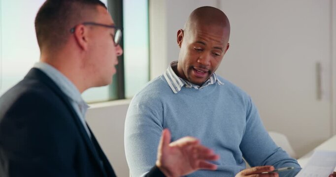 Business people, team and discussion in meeting with document for project management and feedback. Men, talking and collaboration with paperwork, review or advice with planning for company proposal