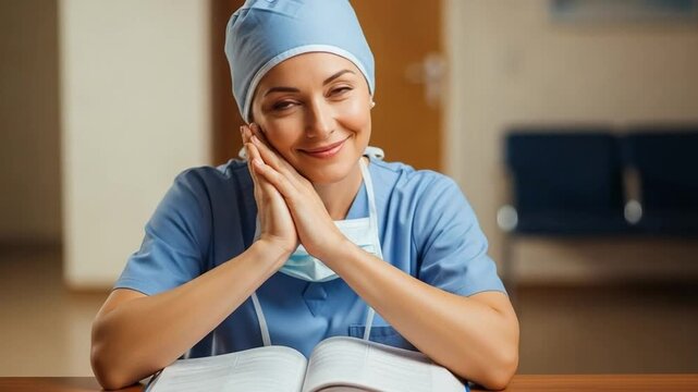 Thoughtful young female surgeon in blue scrubs studying medical textbook at hospital desk, professional healthcare education and continuous learning concept
