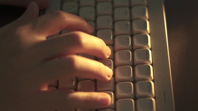 Closeup Shot of Executive Fingers Typing on Mechanical Keyboard with Warm Lighting, Business Analytics and Copywriting Asset DATA.
business concept idea.