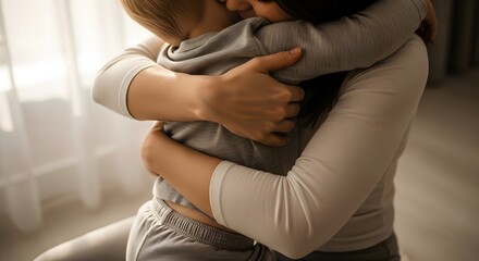 Obraz premium Close Up Mother Hugging Child With Warm Emotional Family Affection And Comfort Indoors