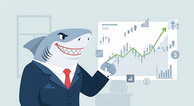 Cartoon shark in business attire pointing at an upward trending stock chart with financial symbols, showing market growth