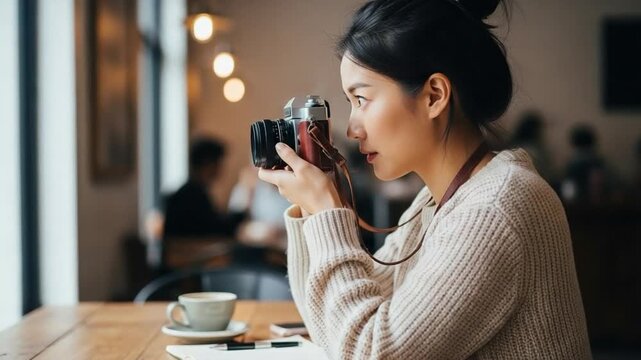 Young Asian woman photographer taking pictures with vintage camera in cozy cafe, creative hobby lifestyle, artistic inspiration and leisure activity concept