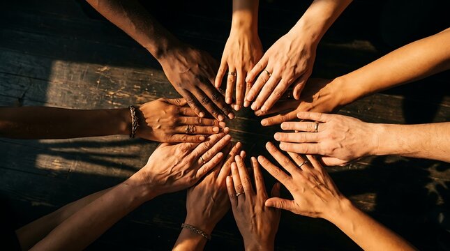 Diverse group of hands joined in a circle over rustic wood