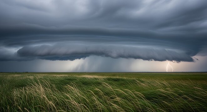 Dramatic Rotating Supercell Thunderstorm Forming Over Windy Grassland Plain
