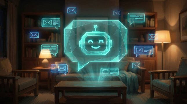 AI Chatbot Interface: A futuristic AI chatbot icon, glowing with digital energy, floats in a cozy living room, surrounded by holographic messages and chat bubbles.