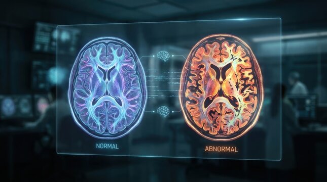 Brain Scan Comparison: A futuristic display shows a side-by-side comparison of a normal brain scan and an abnormal brain scan, highlighting neurological differences with glowing visualizations.
