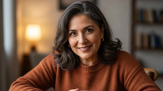 Middle Aged Hispanic Woman Enjoying Morning Coffee at Home, Relaxed Mature Female with Grey Streaks Smiling, Cozy Lifestyle Concept for Wellness and Mindfulness