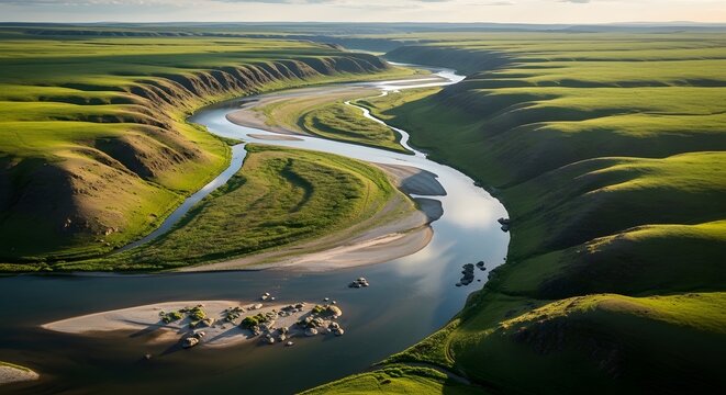 Winding Serene River Flowing Through Lush Green Hills in Wide Open Valley