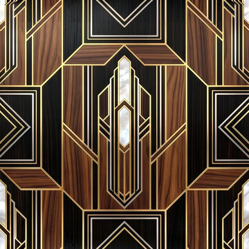 High resolution luxury art deco wooden marquetry and gold pillars in luxury interior paneling and 1920s hotel lobby style, seamless pattern for premium background, interior wallpaper and textile
