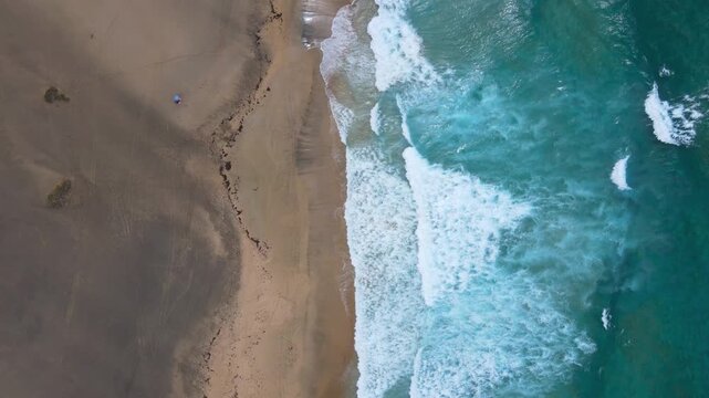 Vertical aerial drone shot of a tropical beach in Fuerteventura, Canary Islands, Spain. Turquoise ocean water, golden sand and waves captured from above in a cinematic summer travel scene.