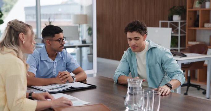 Business, people and meeting with laptop in office for research, planning and review article. Team, talk and pc for proofreading, brainstorming and copywriting report with information for publication