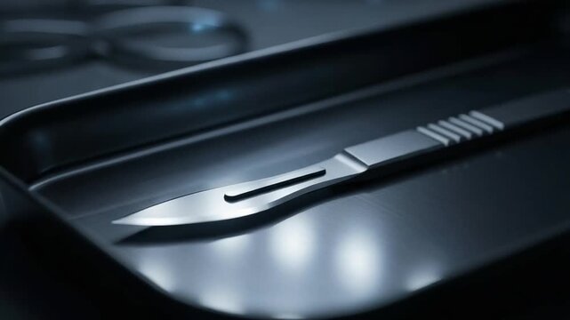 Surgical scalpel on a metal tray in a dark operating room, representing medical precision, clinical sterility, and professional surgery preparation for healthcare procedures