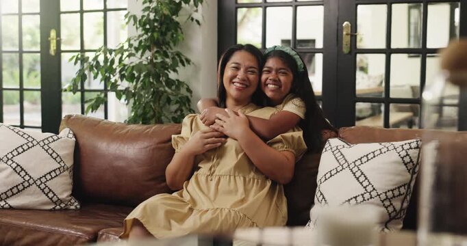 Face, hug and mother with girl, family and bonding together with care, relax and support. Home, parent and mama with daughter, child development and embrace with happy kid, relationship and love