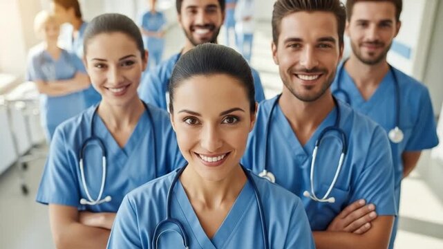 Diverse group of professional medical staff in blue scrubs smiling at camera, portrait of happy doctors and nurses standing together in hospital hallway, healthcare teamwork concept