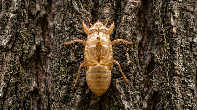 Macro of cicada exoskeleton on tree bark, translucent shell, late summer light, focus stacked sharp.
