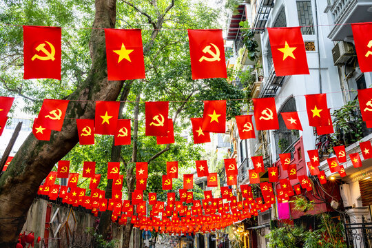 National flags of Vietnam,hanging above the streets of Hanoi,Vietnam.