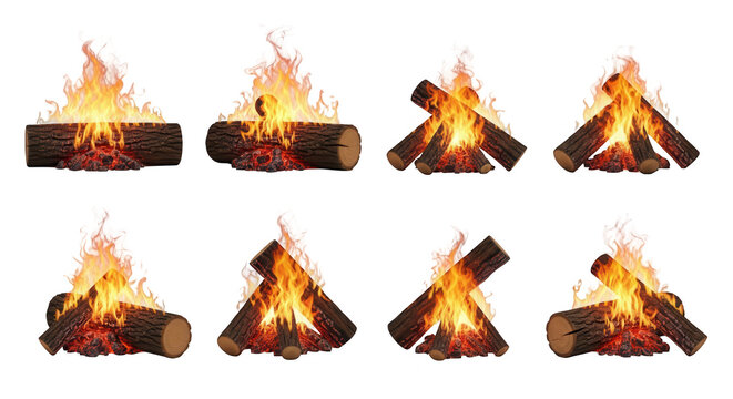 various campfire illustrations on a white background burning logs outdoor or camping scene graphics