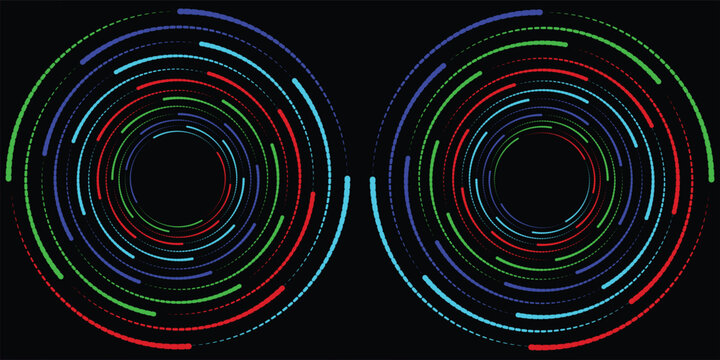 Futuristic abstract background with two glowing circular HUD elements made of colorful dashed lines on a black backdrop.