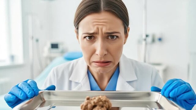 Disgusted female doctor holding a medical tray with a biological specimen in a hospital clinic, concept of medical shock, revulsion, or unexpected diagnosis
