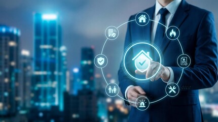 Fototapeta premium Businessman interacting with smart home technology interface in cityscape at dusk