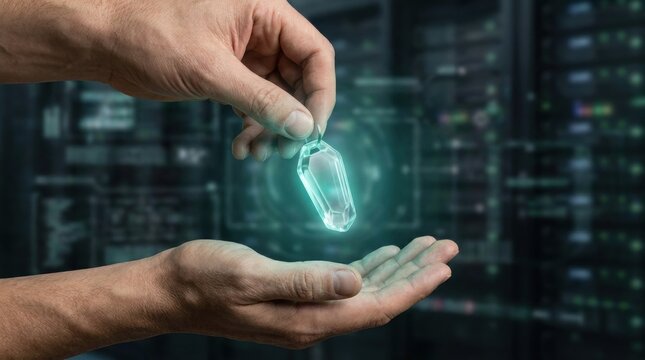Digital Key Pass: A person's hand holds a glowing, futuristic digital key or token above an outstretched palm, with a blurred background of server racks and data streams.