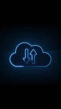Glowing neon cloud icon with bidirectional arrows. Cloud icon for data storage transmission. Professional cloud icon graphic element for technology and digital server visual design.