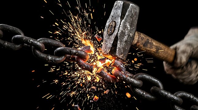 Heavy sledgehammer smashing a metal chain with glowing sparks