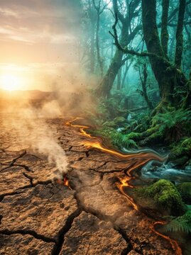 Duality of Nature: A striking visual dichotomy showcases the stark contrast between a parched, cracked earth under a fiery sunset and a lush, vibrant forest with a flowing stream.